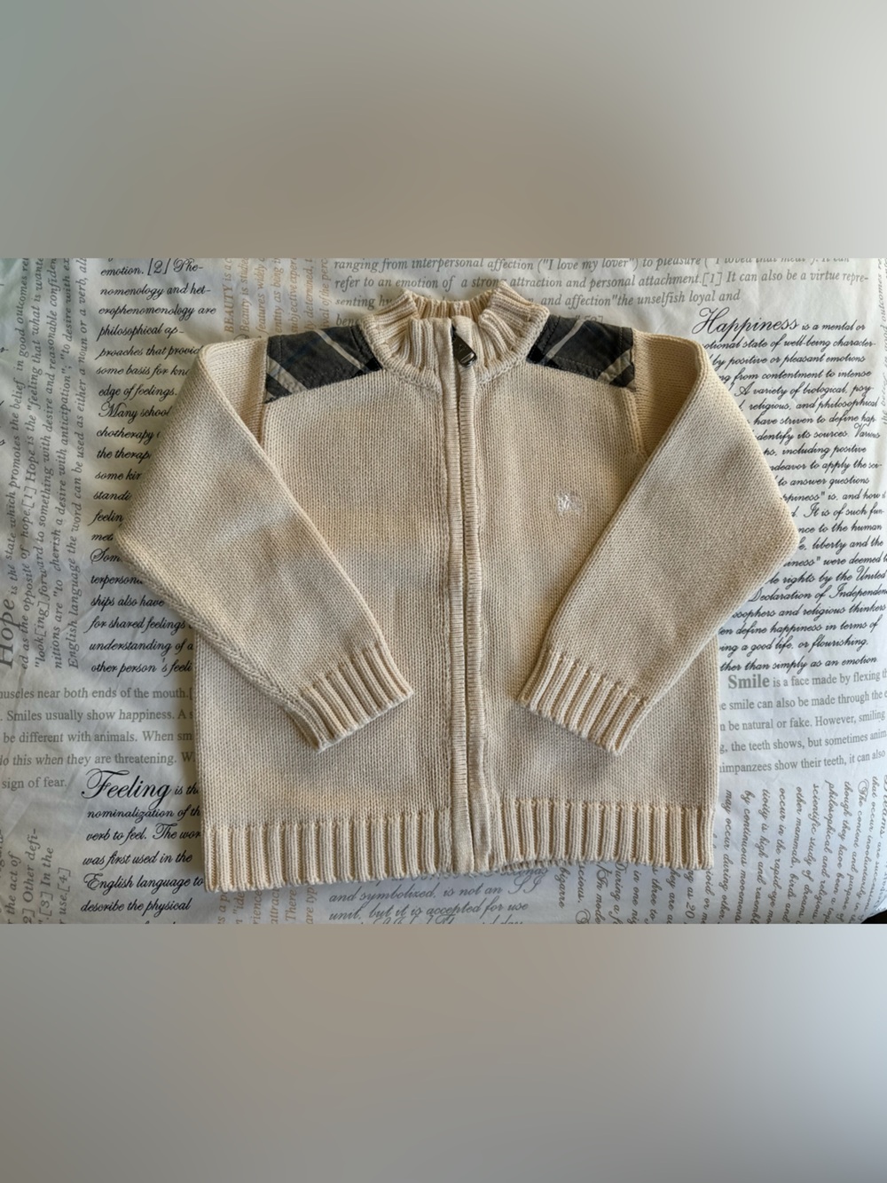 Burberry Cream Knit Zip Sweater with Black Plaid Shoulder Detail